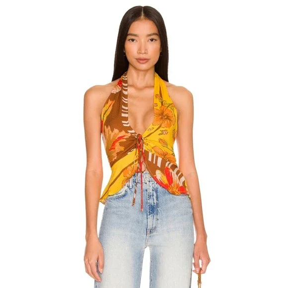 Free People Hot Tropics Tank Top XS Floral Print Halter Yellow Boho Chic New - Picture 1 of 5